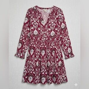 LOFT Burgundy and White Floral Long Sleeve Dress